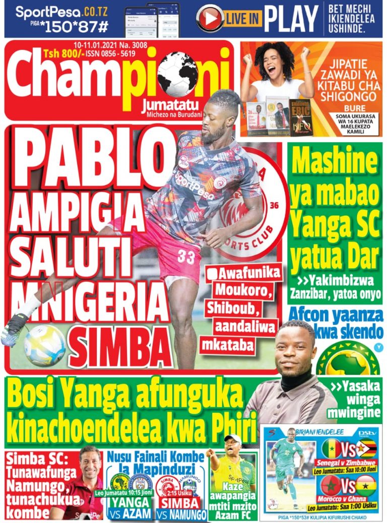 MUONEKANO WA UKURASA WA MBELE GAZETI LA CHAMPIONI JUMATATU