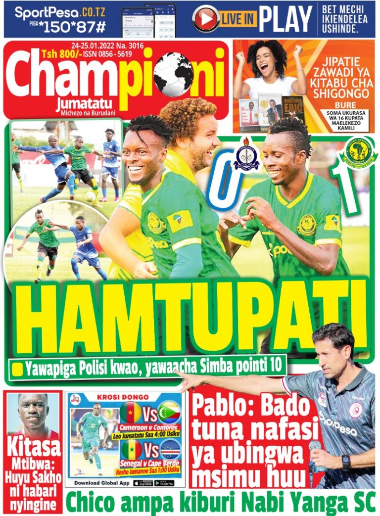 MUONEKANO WA UKURASA WA MBELE GAZETI LA CHAMPIONI JUMATATU